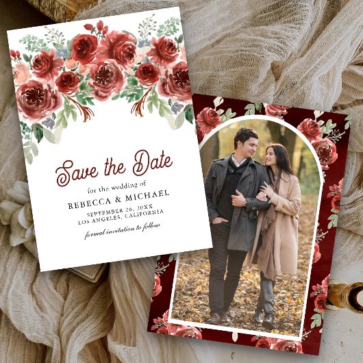 Rustieke Marsala Bloemrijke Foto Bruiloft Save The Date