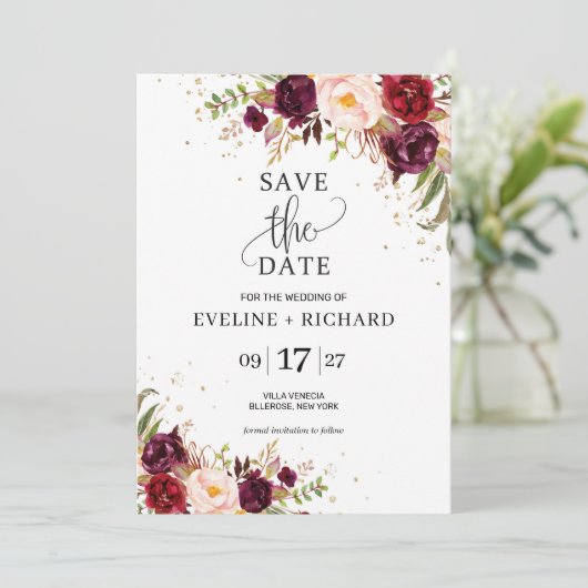 Rustieke marsala blush roze bloemenbewaar de datum kaart (Staand voorkant)