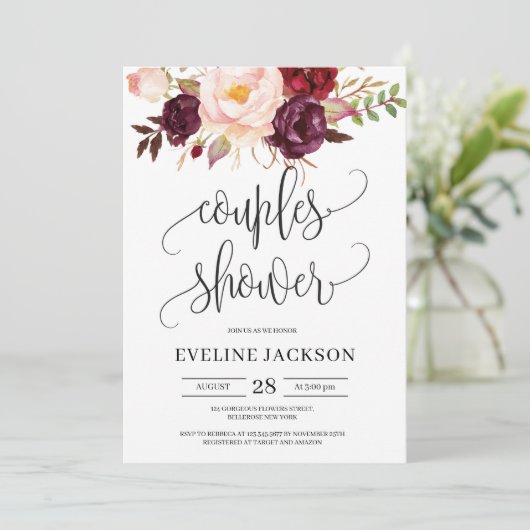 Rustieke marsala bordeaux boho bloemenkoppels douc kaart (Staand voorkant)