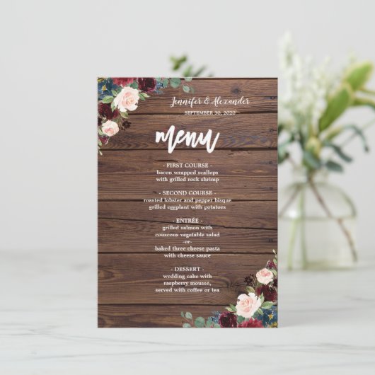 Rustieke Marsala Bourgondië Bloemenbruiloft Menu (Staand voorkant)