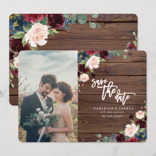 Rustieke Marsala Bourgondië Floral Save the Date (Voorkant / Achterkant)