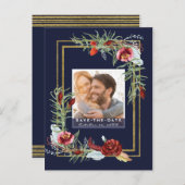 Rustieke Marsala Floral Navy foto Bewaar de datum Aankondigingskaart (Voorkant / Achterkant)