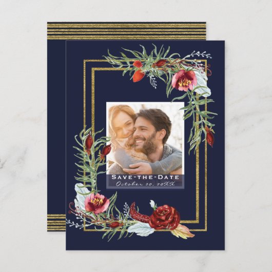 Rustieke Marsala Floral Navy foto Bewaar de datum Aankondigingskaart (Voorkant / Achterkant)