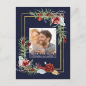 Rustieke Marsala Floral Navy foto Bewaar de datum Aankondigingskaart (Voorkant)
