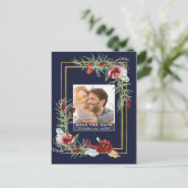 Rustieke Marsala Floral Navy foto Bewaar de datum Aankondigingskaart (Staand voorkant)