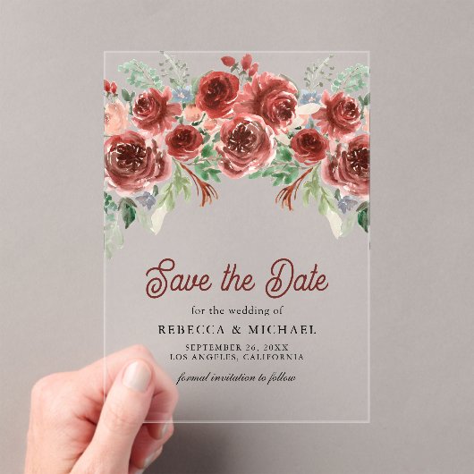 Rustieke Marsala Floral Wedding Save the Date Acryl Uitnodigingen (Insitu (Draagbaar))