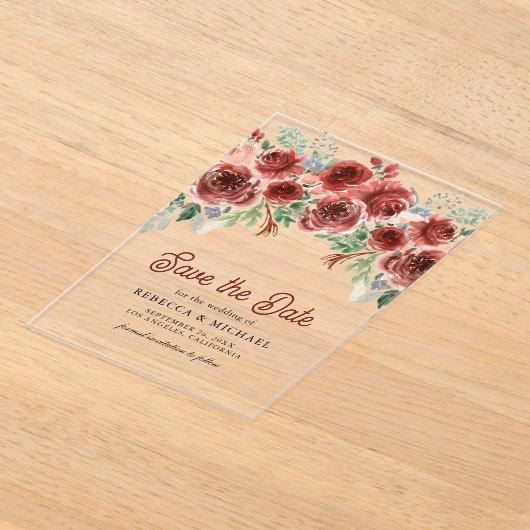 Rustieke Marsala Floral Wedding Save the Date Acryl Uitnodigingen (Laagn)