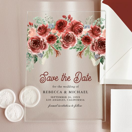 Rustieke Marsala Floral Wedding Save the Date Acryl Uitnodigingen