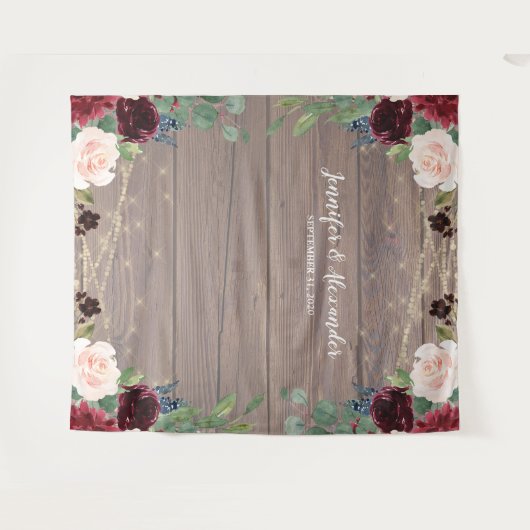 Rustieke Marsala hout bruiloft fotocabine achtergr Wandkleed (Voorkant (horizontaal))