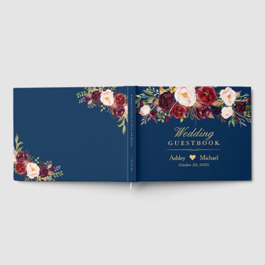 Rustieke Marsala Rode Bloemen Navy Blauwe Bruiloft Gastenboek (Volledig)