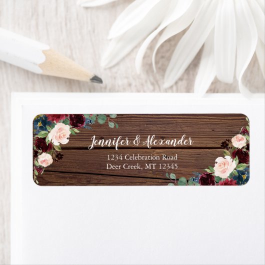 Rustieke Marsala Wood Floral trouwadreslabel Etiket (Insitu)