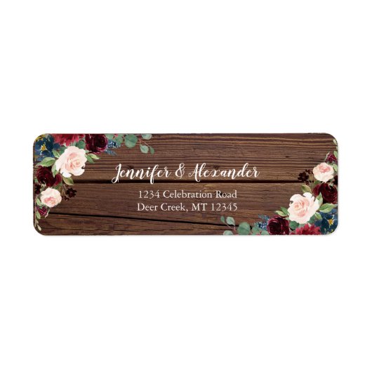 Rustieke Marsala Wood Floral trouwadreslabel Etiket (Voorkant)