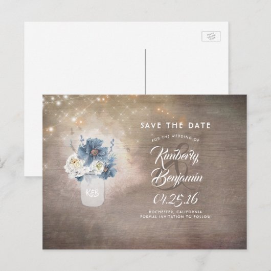 Rustieke Mason Dusty Blue Floral Save the Date Aankondigingskaart (Voorkant / Achterkant)