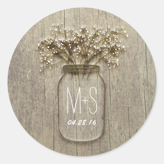 Rustieke Mason Jar Baby's Breath Bruiloft Ronde Sticker (Voorkant)