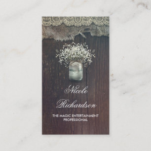 Rustieke Mason Jar Baby's Breath en Barn Wood Visitekaartje