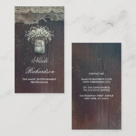 Rustieke Mason Jar Baby's Breath en Barn Wood Visitekaartje (Voorkant / Achterkant)