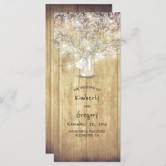 Rustieke Mason Jar Baby's Breath Wedding Programma Programmakaart (Voorkant / Achterkant)