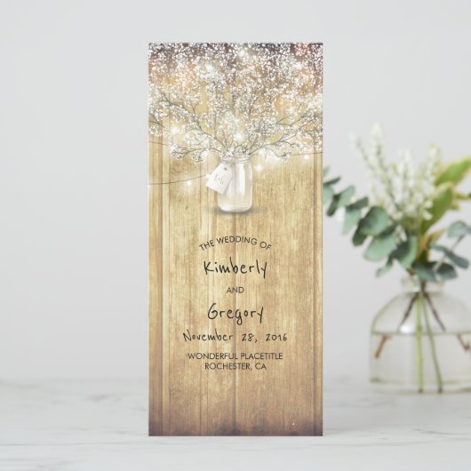 Rustieke Mason Jar Baby's Breath Wedding Programma Programmakaart (Staand voorkant)