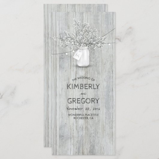 Rustieke Mason Jar Baby's Breath Wedding Programma Programmakaart (Voorkant / Achterkant)