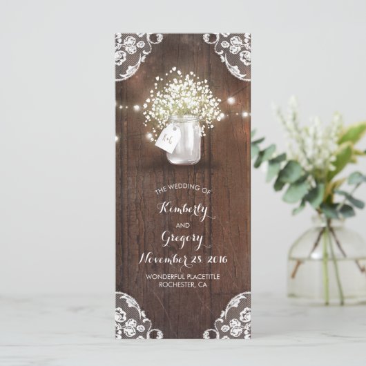 Rustieke Mason Jar Baby's Breath Wedding Programma Programmakaart (Staand voorkant)