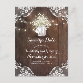 Rustieke Mason Jar Baby's Breath Wood Save the Dat Aankondigingskaart