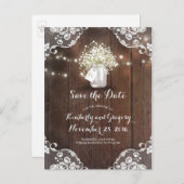 Rustieke Mason Jar Baby's Breath Wood Save the Dat Aankondigingskaart (Voorkant / Achterkant)