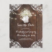 Rustieke Mason Jar Baby's Breath Wood Save the Dat Aankondigingskaart (Voorkant)