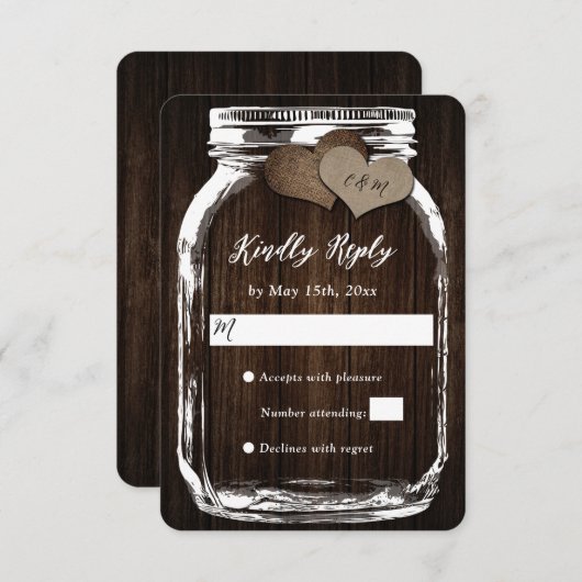 Rustieke Mason Jar Barn Wood Burlap Wedding RSVP (Voorkant / Achterkant)