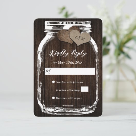 Rustieke Mason Jar Barn Wood Burlap Wedding RSVP (Staand voorkant)