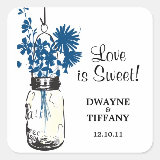 Rustieke Mason Jar & Blauwe Wildbloemen Vierkante Sticker (Voorkant)