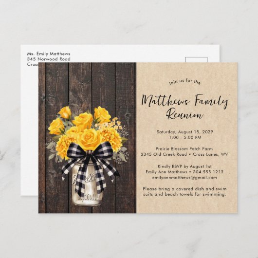 Rustieke Mason Jar Bloemen Hout Familie Reünie Aankondigingskaart (Voorkant / Achterkant)