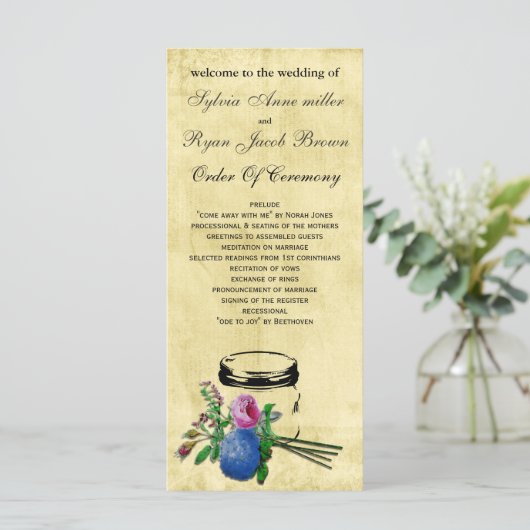 rustieke mason jar bruiloft programma programmakaart (Staand voorkant)