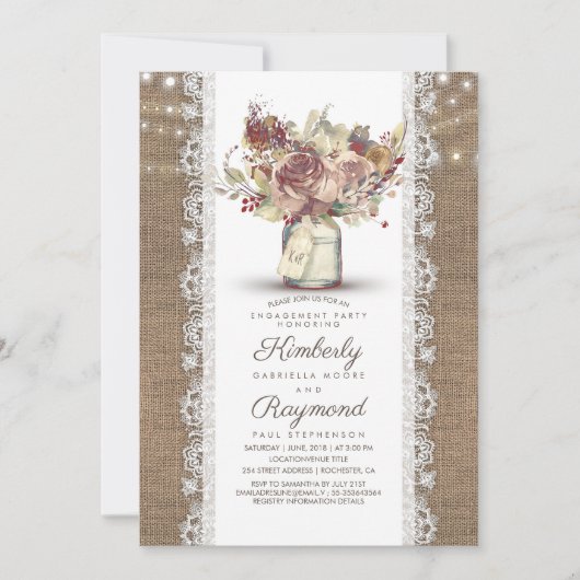 Rustieke Mason Jar | Burlap Engagement Party Kaart (Voorkant)