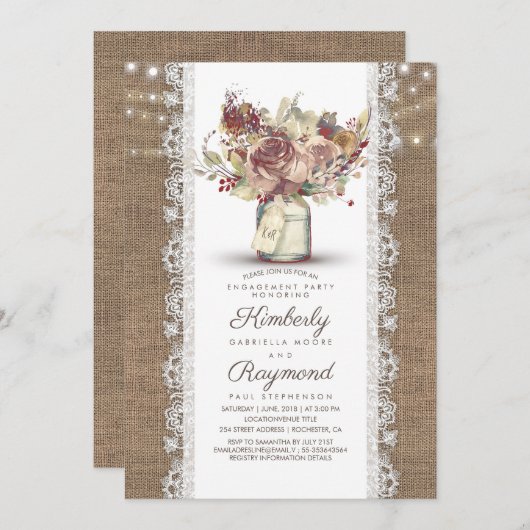 Rustieke Mason Jar | Burlap Engagement Party Kaart (Voorkant / Achterkant)