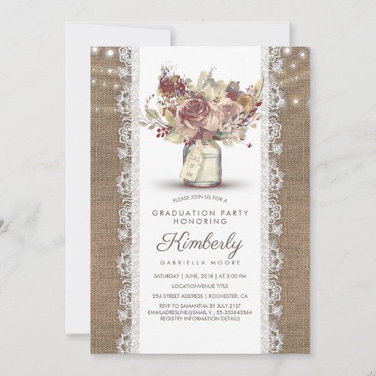 Rustieke  Mason Jar Burlap Kant Afstuderen Kaart (Voorkant)