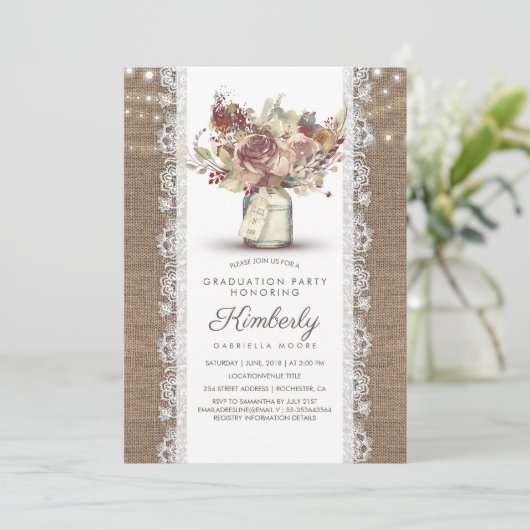 Rustieke  Mason Jar Burlap Kant Afstuderen Kaart (Staand voorkant)