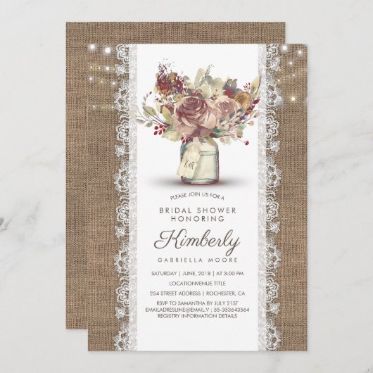 Rustieke  Mason Jar Burlap Kant Vrijgezellenfeest Kaart (Voorkant / Achterkant)