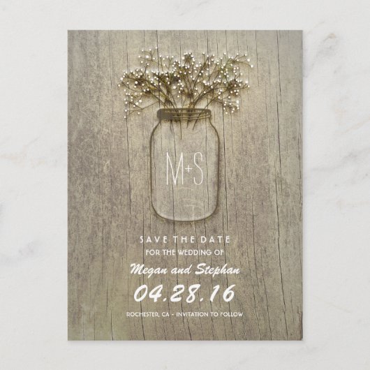 Rustieke Mason Jar en Baby's Breath Save The Date Aankondigingskaart (Voorkant)