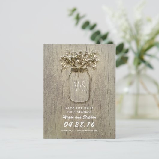 Rustieke Mason Jar en Baby's Breath Save The Date Aankondigingskaart (Staand voorkant)