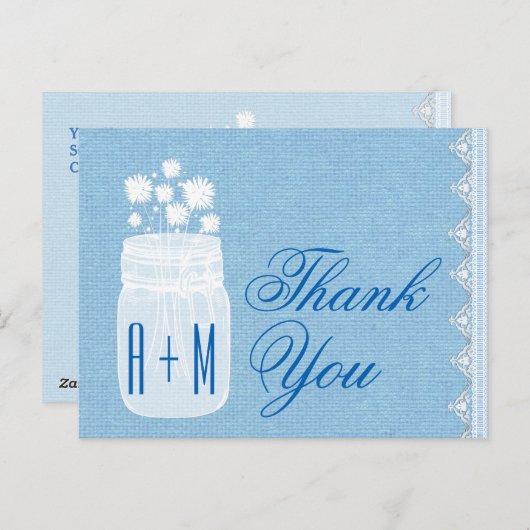 Rustieke Mason Jar en bloemen Bedankt Blue A29 Briefkaart (Voorkant / Achterkant)