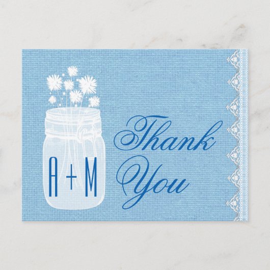 Rustieke Mason Jar en bloemen Bedankt Blue A29 Briefkaart (Voorkant)