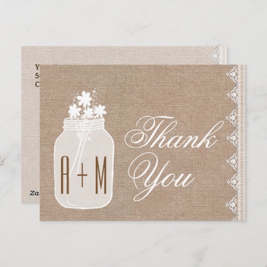 Rustieke Mason Jar en bloemen Dank u Burlap A06 Briefkaart (Voorkant / Achterkant)