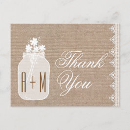 Rustieke Mason Jar en bloemen Dank u Burlap A06 Briefkaart