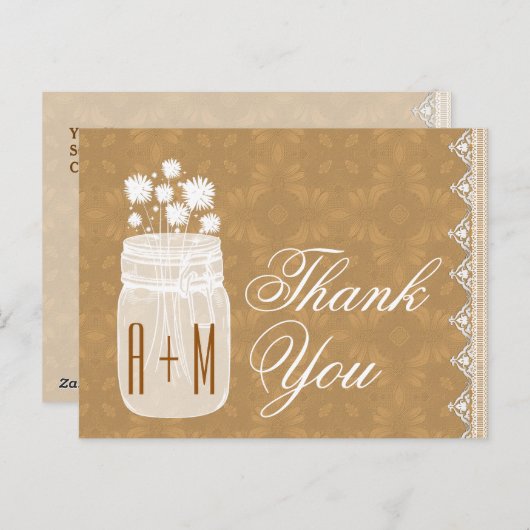 Rustieke Mason Jar en Bloemen Dank U Gold A10 Briefkaart (Voorkant / Achterkant)