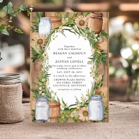 Rustieke Mason Jar en Burlap Floral Country Weddin Kaart