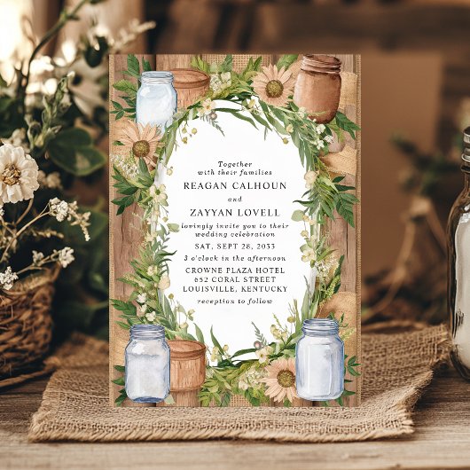 Rustieke Mason Jar en Burlap Floral Country Weddin Kaart