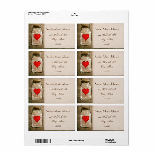 Rustieke Mason Jar en harten bruiloft Adresetikett Etiket (Full Sheet)