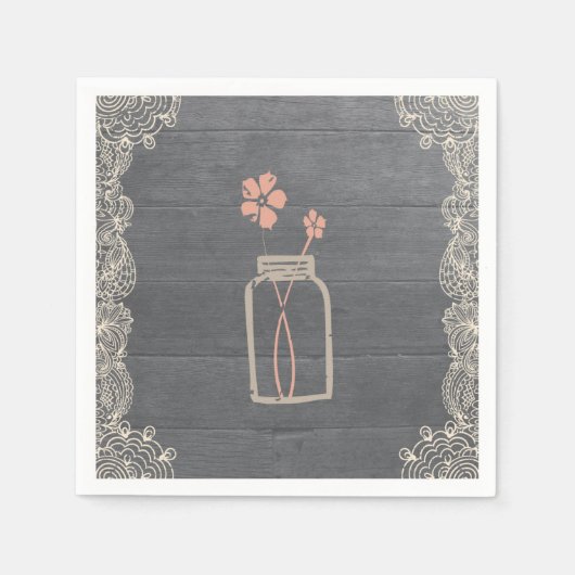 Rustieke Mason Jar en Lace Paper Napkins Coral Servet (Voorkant)