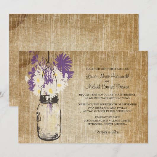 Rustieke Mason Jar en Wildflowers Wedding Kaart (Voorkant / Achterkant)