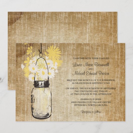 Rustieke Mason Jar en Wildflowers Wedding Kaart (Voorkant / Achterkant)